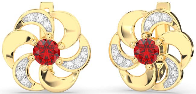 Diamond Ruby Gold Flower Stud Earrings