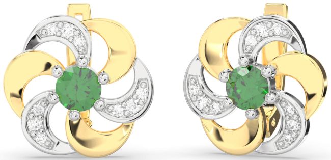 Diamond Emerald Gold Silver Flower Stud Earrings