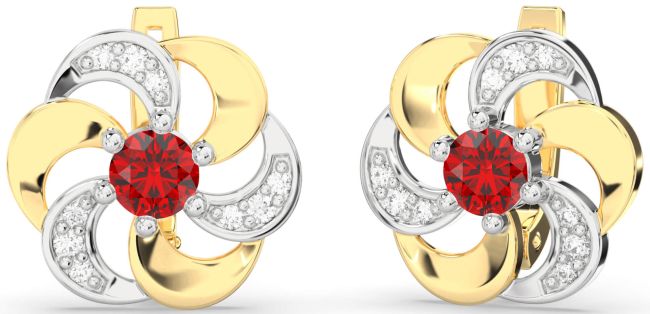 Diamond Ruby Platinum & Yellow Gold Flower Stud Earrings