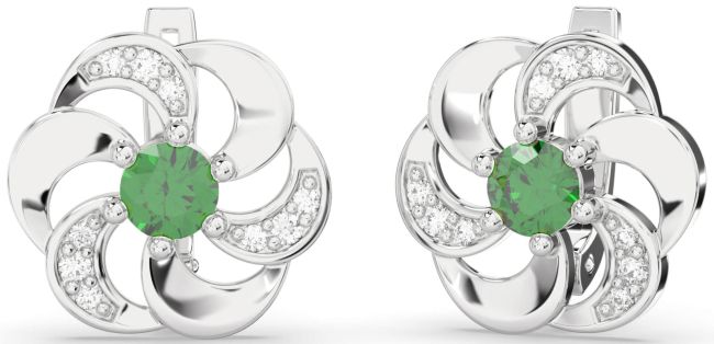 Diamond Emerald White Gold Flower Stud Earrings