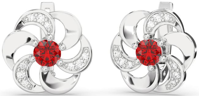 Diamond Ruby White Gold Flower Stud Earrings