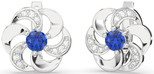 Diamond Blue Sapphire Silver Flower Stud Earrings