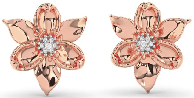 Diamond Rose Gold Silver Flower Stud Earrings