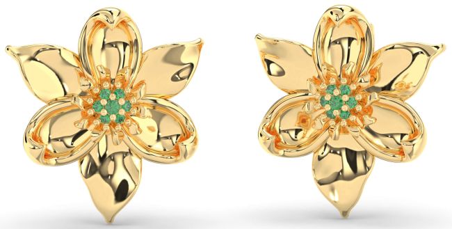 Emerald Gold Silver Flower Stud Earrings
