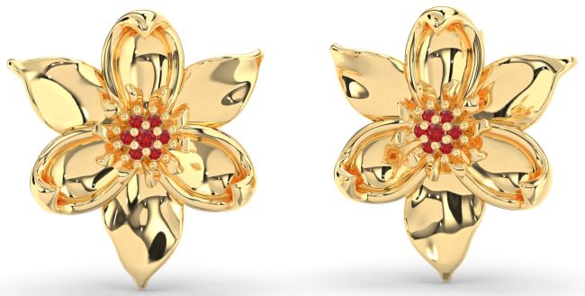 Ruby Gold Silver Flower Stud Earrings