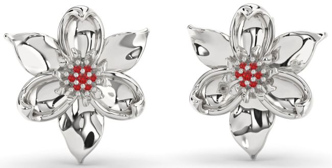 Ruby Silver Flower Stud Earrings