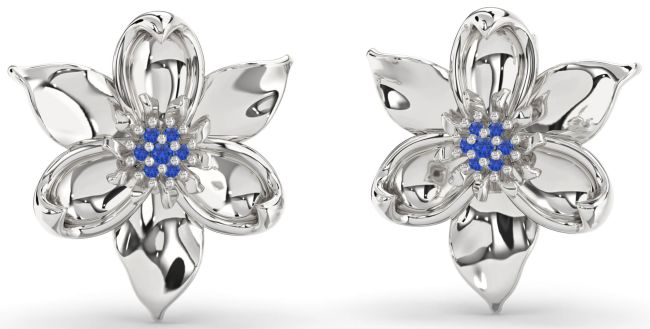 Blue Sapphire Silver Flower Stud Earrings