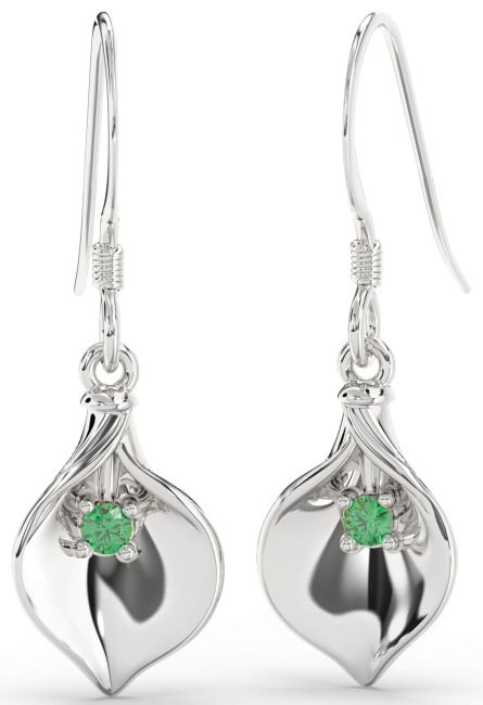 Emerald Platinum Flower Dangle Earrings