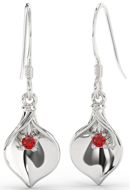 Ruby Silver Flower Dangle Earrings