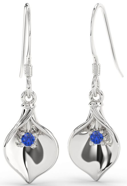 Blue Sapphire Silver Flower Dangle Earrings