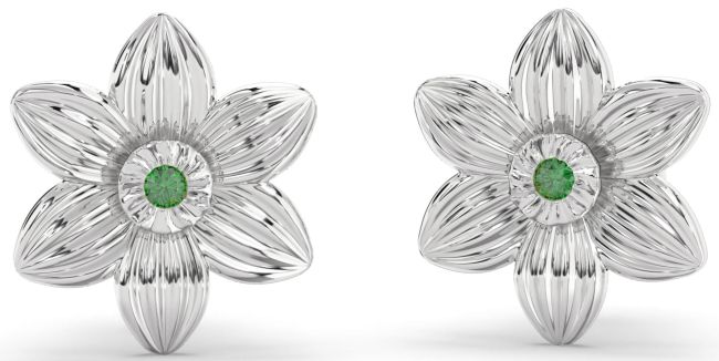 Emerald Silver Flower Stud Earrings