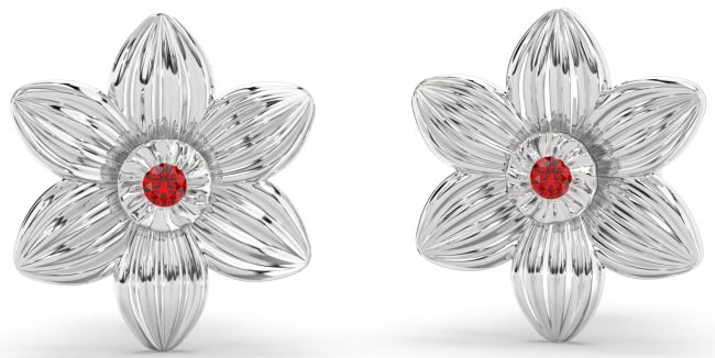 Ruby Platinum Flower Stud Earrings