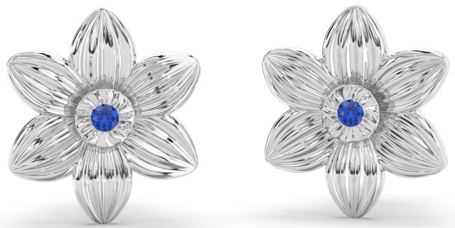 Blue Sapphire Silver Flower Stud Earrings