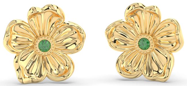 Emerald Gold Silver Flower Stud Earrings