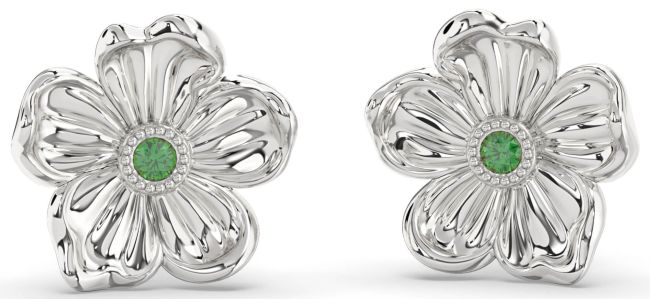 Emerald White Gold Flower Stud Earrings