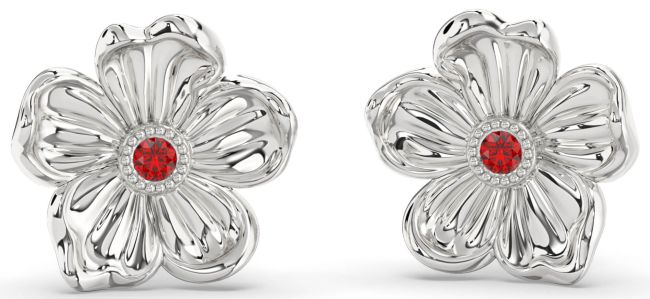 Ruby Silver Flower Stud Earrings