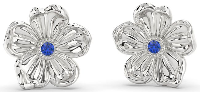 Blue Sapphire Platinum Flower Stud Earrings