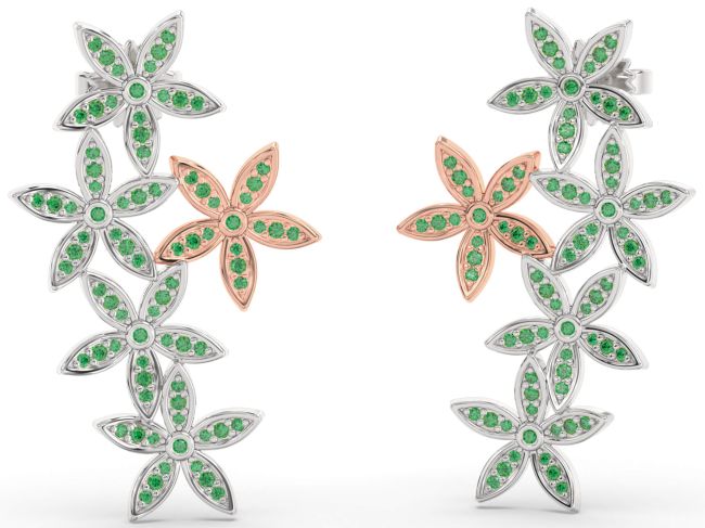 Emerald Silver & 10K Rose Gold Flower Dangle Earrings