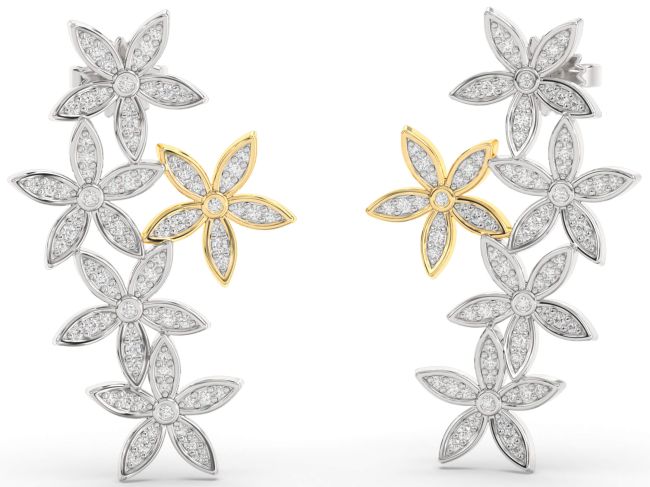 Diamond Gold Silver Flower Dangle Earrings