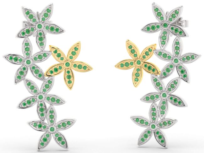 Emerald Silver & 10K gold Flower Dangle Earrings