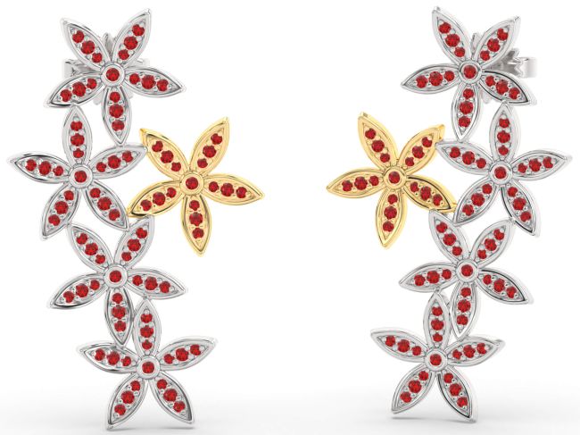 Ruby Platinum & Yellow Gold Flower Dangle Earrings