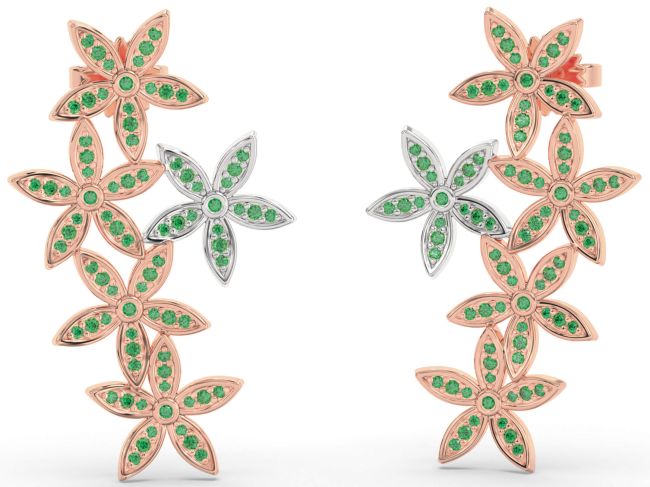 Emerald White Rose Gold Flower Dangle Earrings