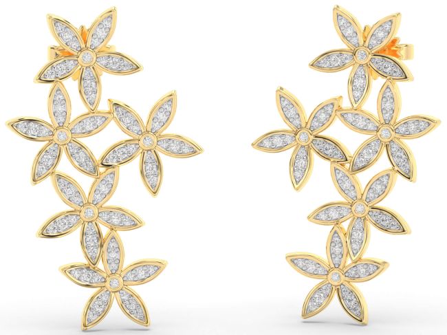Diamond Gold Silver Flower Dangle Earrings