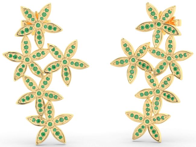 Emerald Gold Silver Flower Dangle Earrings