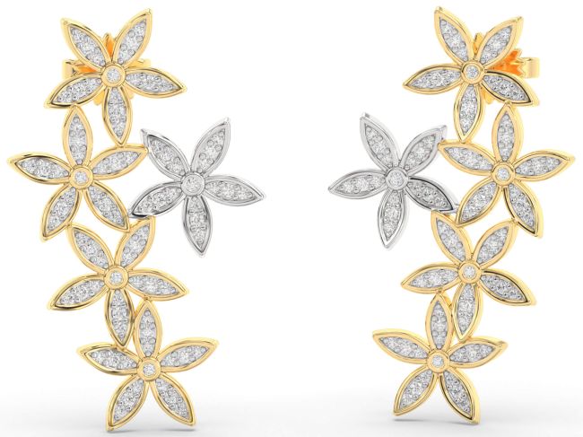 Diamond Gold Silver Flower Dangle Earrings