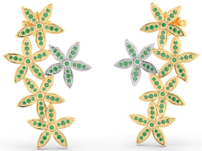 Emerald White Yellow Gold Flower Dangle Earrings