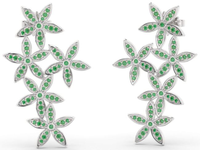 Emerald White Gold Flower Dangle Earrings