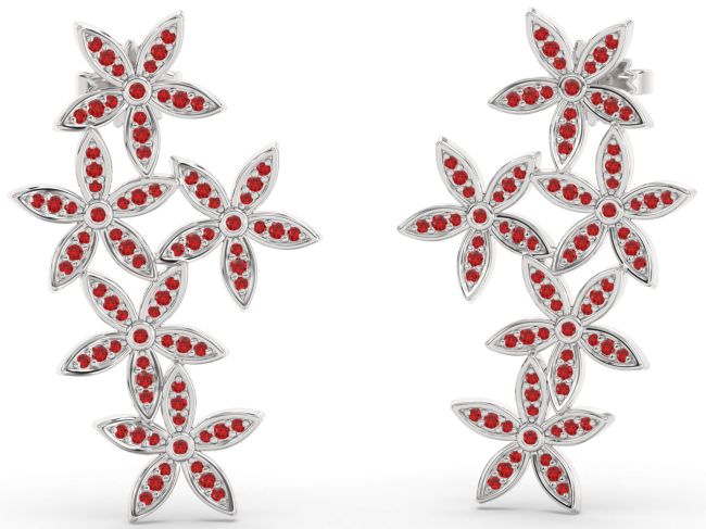 Ruby Silver Flower Dangle Earrings