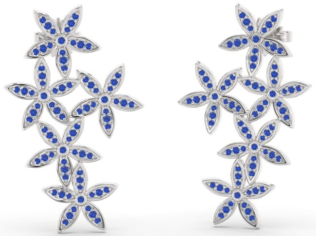 Blue Sapphire Silver Flower Dangle Earrings