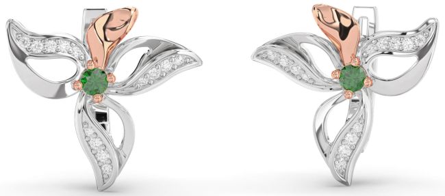 Diamond Emerald Platinum & Rose Gold Flower Stud Earrings