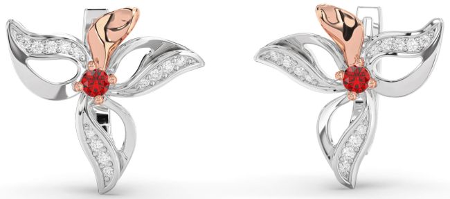 Diamond Ruby White Rose Gold Flower Stud Earrings