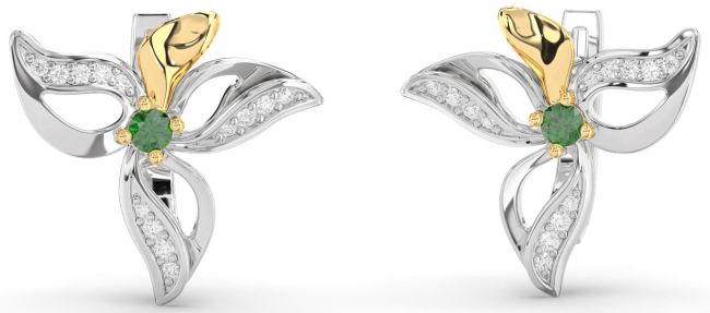 Diamond Emerald Gold Silver Flower Stud Earrings