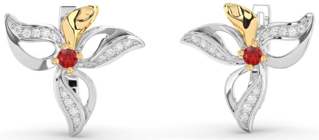 Diamond Ruby Silver & 10K gold Flower Stud Earrings
