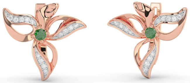 Diamond Emerald Rose Gold Flower Stud Earrings