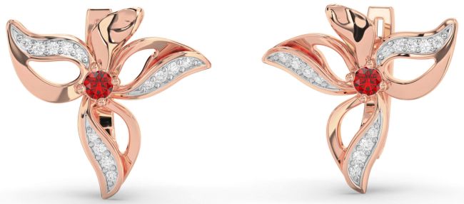 Diamond Ruby Rose Gold Flower Stud Earrings