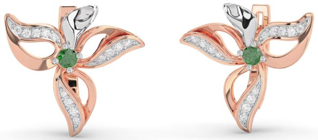 Diamond Emerald White Rose Gold Flower Stud Earrings