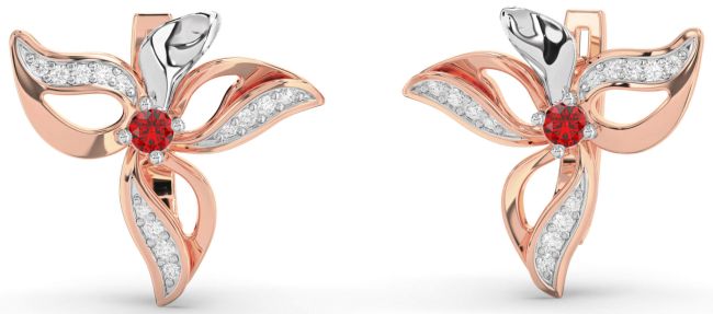Diamond Ruby Rose Gold Silver Flower Stud Earrings