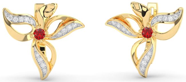 Diamond Ruby Gold Silver Flower Stud Earrings