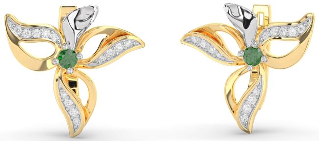 Diamond Emerald White Yellow Gold Flower Stud Earrings