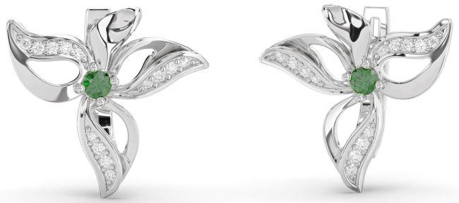 Diamond Emerald Silver Flower Stud Earrings