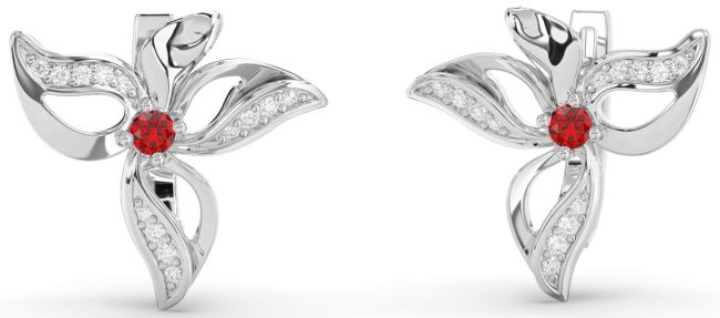 Diamond Ruby Platinum Flower Stud Earrings