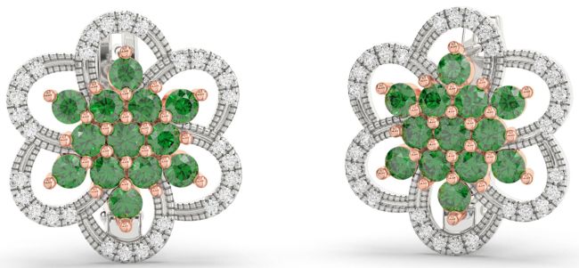Diamond Emerald Platinum & Rose Gold Flower Stud Earrings