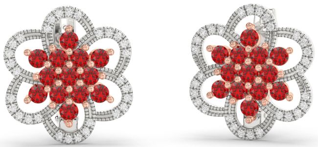 Diamond Ruby Silver & 10K Rose Gold Flower Stud Earrings