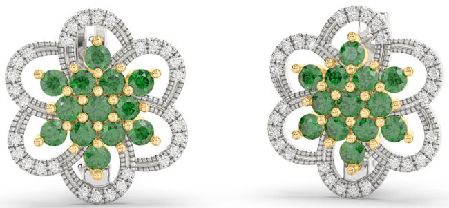 Diamond Emerald Gold Silver Flower Stud Earrings