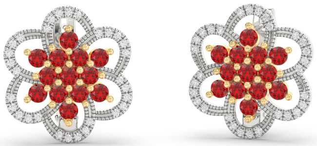 Diamond Ruby Platinum & Yellow Gold Flower Stud Earrings