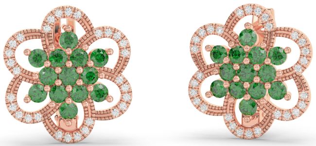 Diamond Emerald Rose Gold Flower Stud Earrings